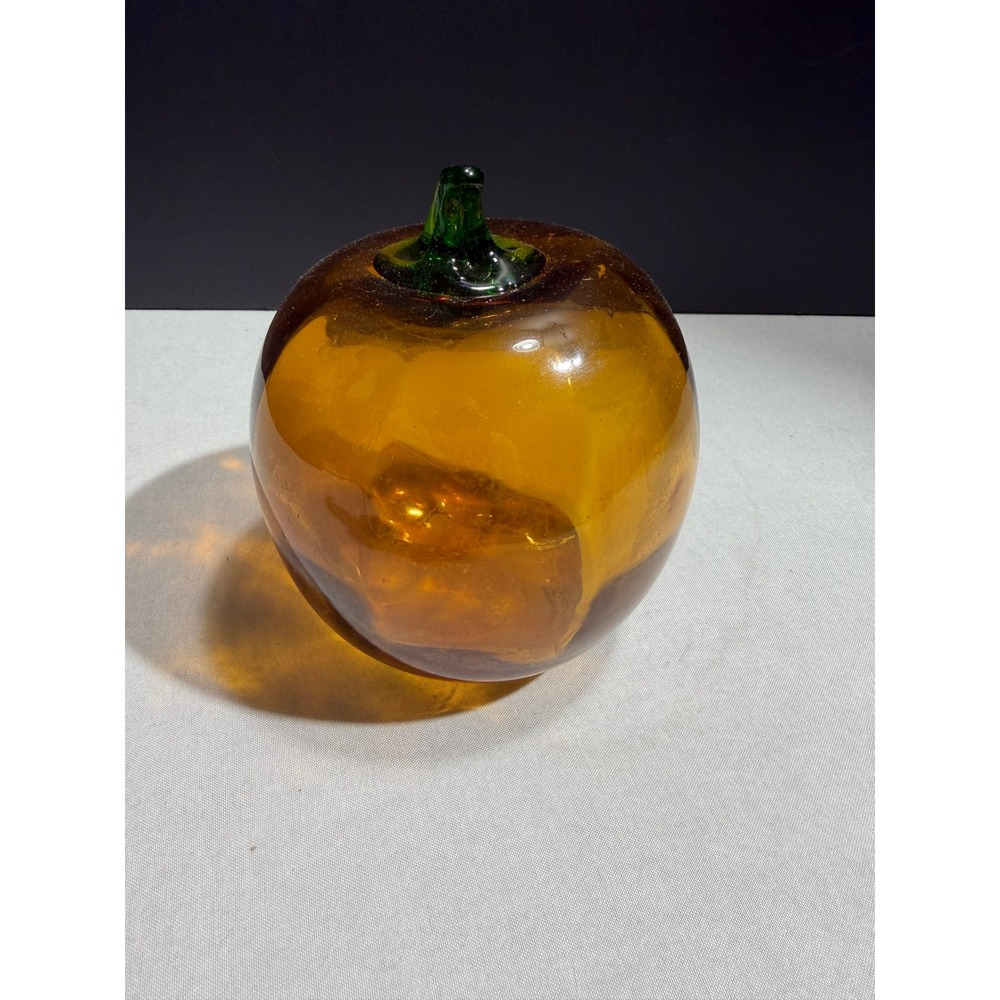 Blenko Hand Blown Optic Amber Glass Pumpkin Paperweight w/ Green Stem Decor